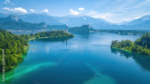 Aerial view of Lake Bled in Slovenia, lakes and forest in the background.