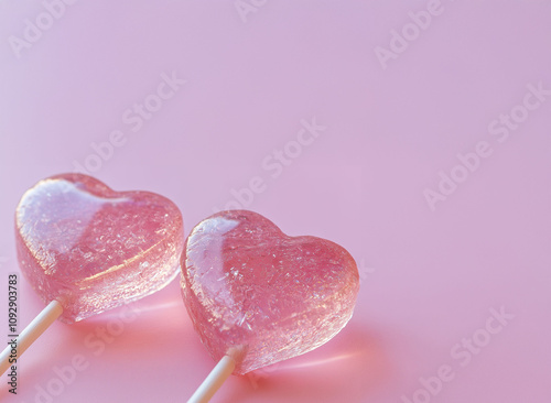 Two pink Valentine's Day heart-shaped lollipops on pastel pink background with copy space, love concept, top view photo