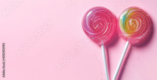 Two pink Valentine's Day heart-shaped lollipops on pastel pink background with copy space, love concept, top view photo