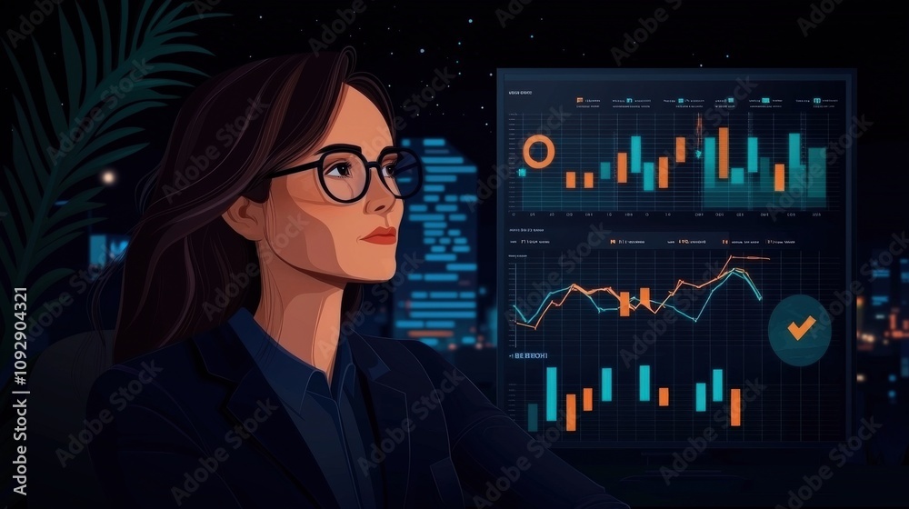 Businesswoman analyzing financial data in a modern office setting. Businesswoman analyzing financial data in a modern office setting.