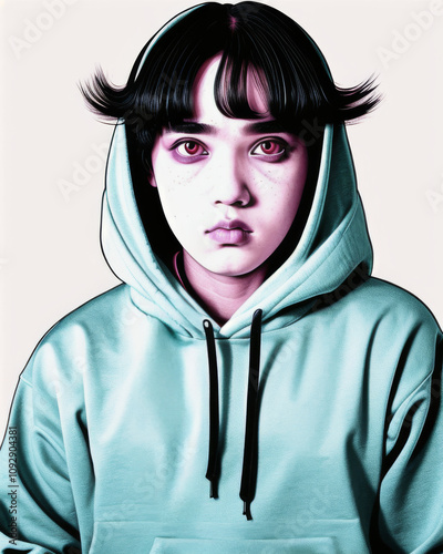 Stylized Portrait of a Teen Girl with Vibrant Eyes and Freckles in a Mint Hoodie for Editorial and Creative Use