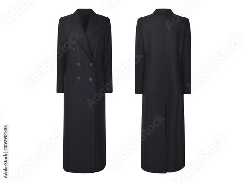 women's elegant black trench coat, front and back view Isolated, Women's trendy Clothes, Spring and summer fashion stylish confident woman in long coat