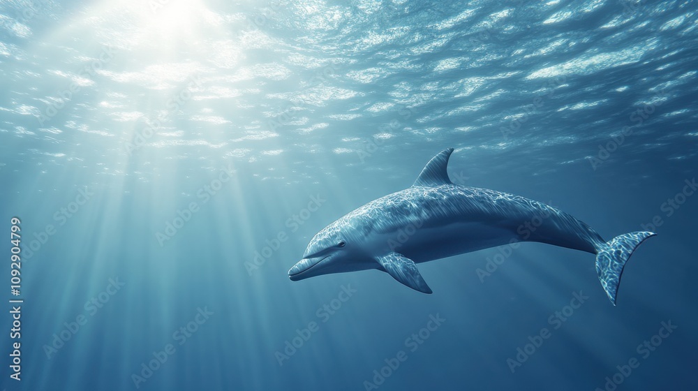Graceful Dolphin Swimming Underwater with Sunlight Streaming Through Ocean Surface, Creating a Magical and Serene Marine Atmosphere Graceful Dolphin Swimming Underwater with Sunlight Streaming Through Ocean Surface, Creating a Magical and Serene Marine Atmosphere