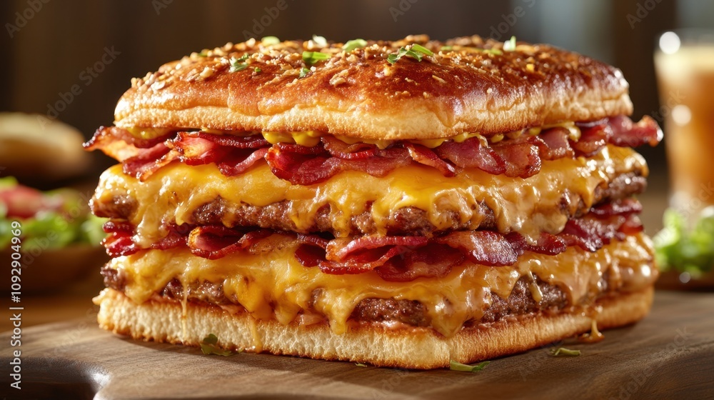 Deliciously Stacked Burger with Layers of Crispy Bacon and Melted Cheese on a Soft Sesame Seed Bun Perfect for Gourmet Food Lovers and Fast Food Aficionados Deliciously Stacked Burger with Layers of Crispy Bacon and Melted Cheese on a Soft Sesame Seed Bun Perfect for Gourmet Food Lovers and Fast Food Aficionados