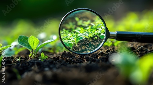 Close-up View of Young Green Plants Under Magnifying Glass on Dark Soil in Natural Environment, Symbolizing Growth and Nature's Beauty photo