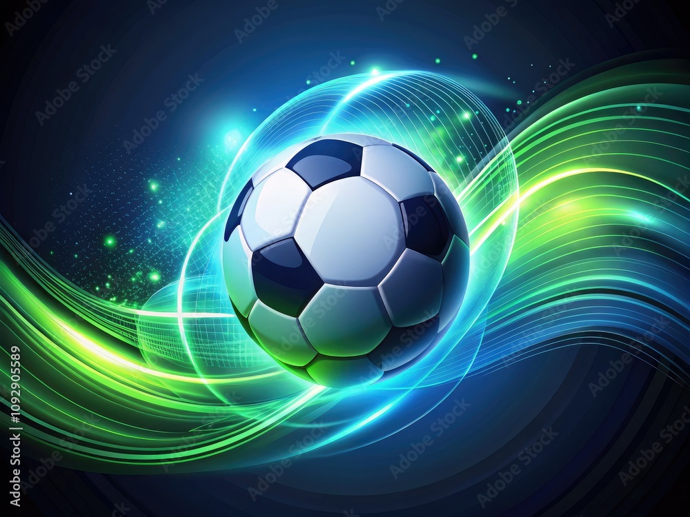 Naklejka premium Abstract soccer ball design set against a dark blue and green landscape, ideal for modern sports themes, digital art, and creative illustrations, highlighting dynamic graphics.