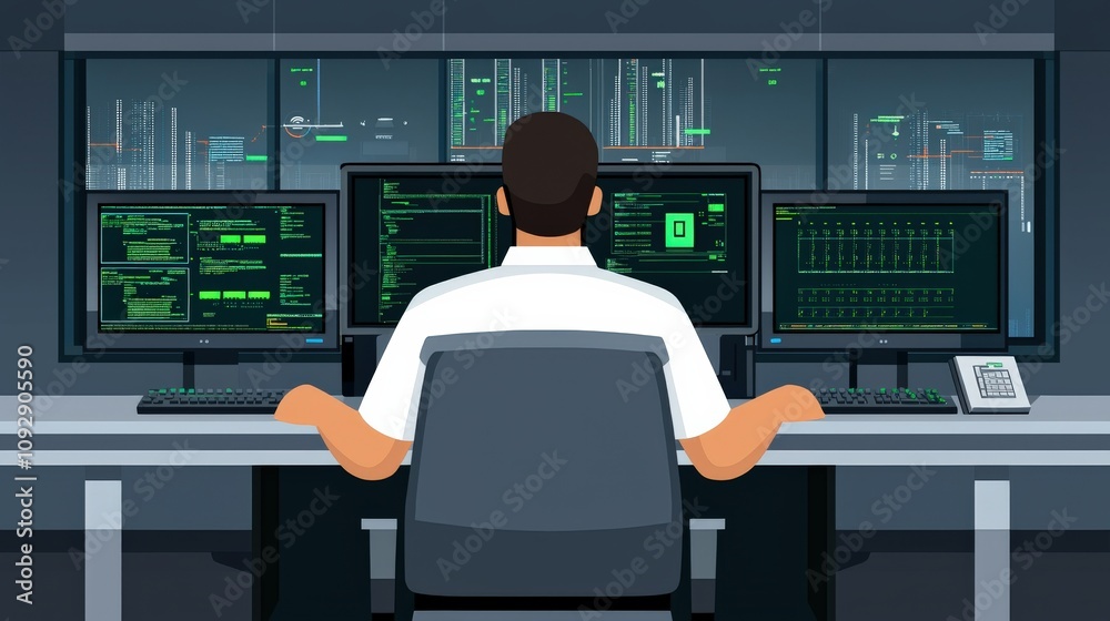 A person working at multiple computer screens in a tech environment. A person working at multiple computer screens in a tech environment.