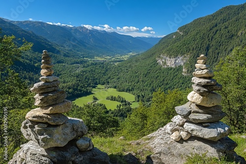 Aerial View from the Top of Jochbrunnen in Switzerland, Green Valley, Forest, and Stacked Rocks on Mountain Side. AI generated illustration