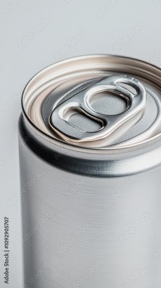 Close-Up of a Silver Aluminum Beverage Can with an Open Pull Tab, Featuring a Smooth Metallic Finish and Minimalist Design, Ideal for Beverages and Refreshments Close-Up of a Silver Aluminum Beverage Can with an Open Pull Tab, Featuring a Smooth Metallic Finish and Minimalist Design, Ideal for Beverages and Refreshments