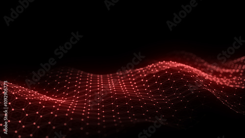 Red wave of particles and lines. Big data visualization. Abstract background with a dynamic wave. 3d rendering.