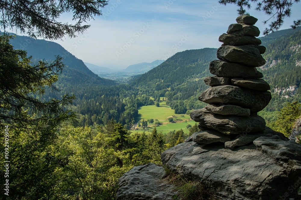 Aerial View from the Top of Jochbrunnen in Switzerland, Green Valley, Forest, and Stacked Rocks on Mountain Side. AI generated illustration Aerial View from the Top of Jochbrunnen in Switzerland, Green Valley, Forest, and Stacked Rocks on Mountain Side. AI generated illustration