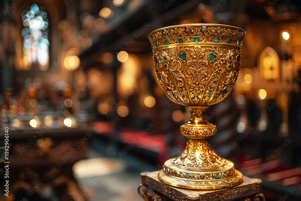 Holy Grail, metal bronze gold cup inlaid with precious stones. Religious Christian relic. Holy Grail, metal bronze gold cup inlaid with precious stones. Religious Christian relic.