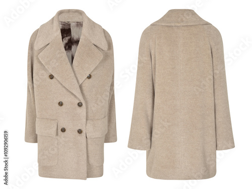 Elegant long sleeve white coat, winter fashion isolated on white background, front and back view, wool coat, clipping, ghost mannequin