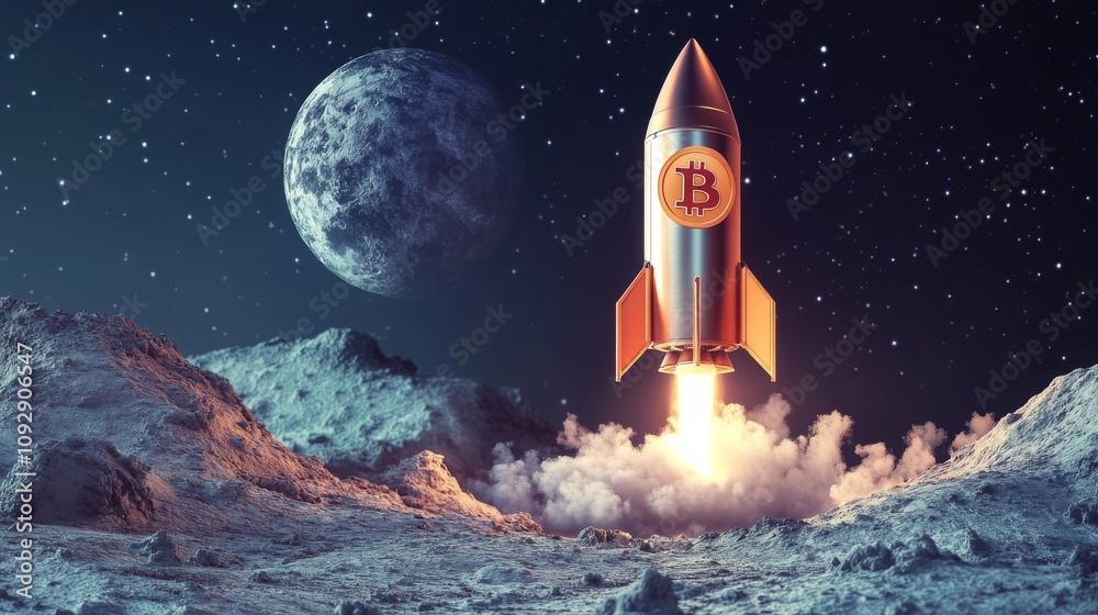 Fototapeta premium Cryptocurrency Boom: Bitcoin Rocket Heading to the Moon