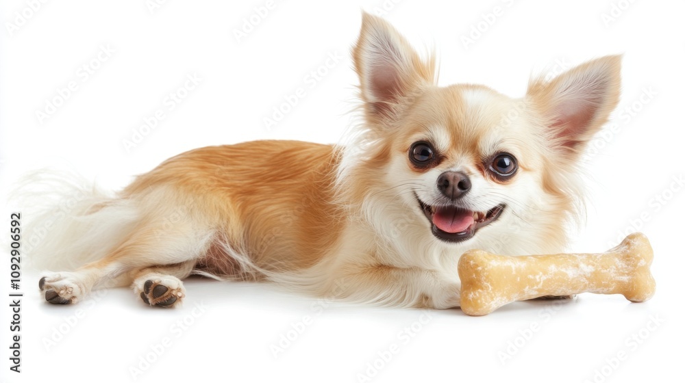 Cute Chihuahua with Happy Expression and Chew Toy Lying on White Background, Perfect for Pet Lovers and Animal Enthusiasts Seeking Joyful Moments Cute Chihuahua with Happy Expression and Chew Toy Lying on White Background, Perfect for Pet Lovers and Animal Enthusiasts Seeking Joyful Moments