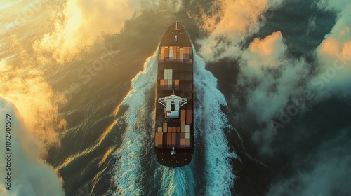 Container ship sailing on the ocean with wave splash