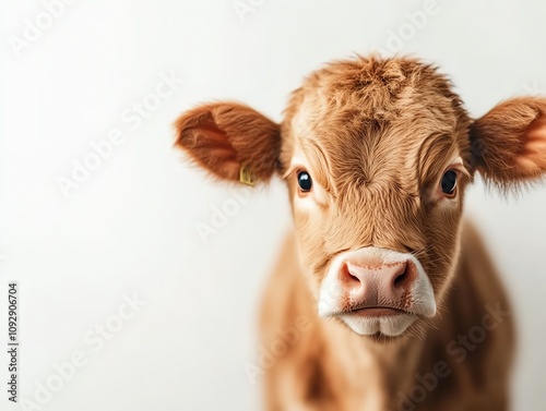 Cute calf with big eyes on a white isolated background. photo