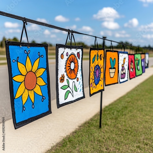 Colorful Child s Art Hanging Outdoor Summer Fair Handmade Textile Flower Paintings Kids Crafts photo