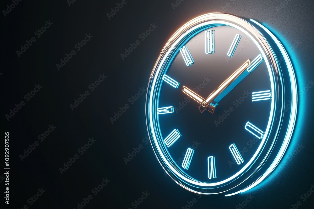 Glowing neon clock with roman numerals on dark wall background Glowing neon clock with roman numerals on dark wall background