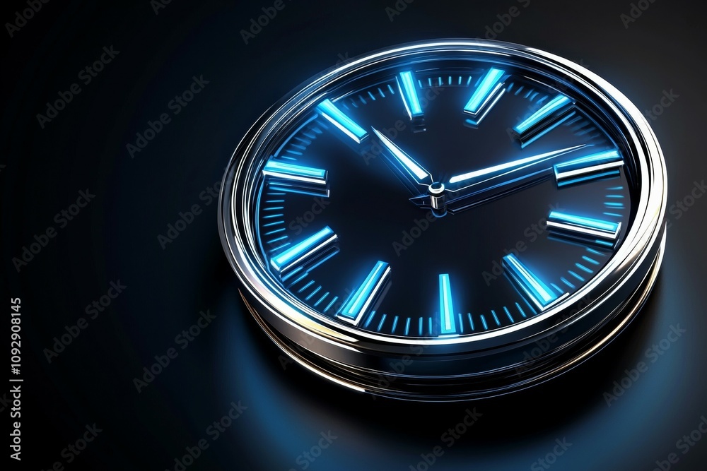 Glowing blue neon clock with silver accents on black background