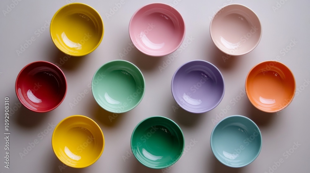 Colorful Ceramic Bowls on Flat Background