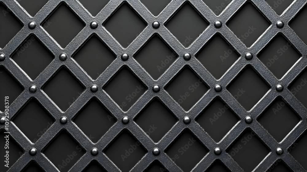 Metal Grid: Diamond Pattern, Rivets, Dark Background, Industrial Design, Textured Surface, Geometric Shapes, Abstract Art, Steel Texture, Gray Metal, Elegant Design