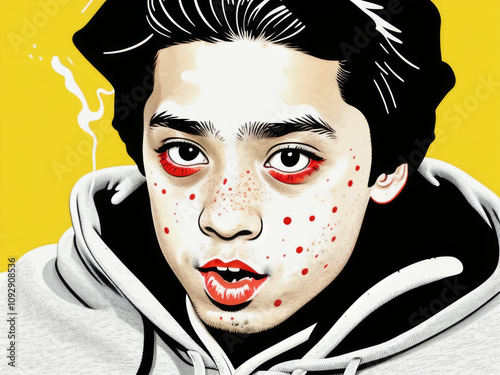Vibrant Stylized Portrait of a Teen Boy with Freckles and Red Accents for Editorial and Creative Design Projects