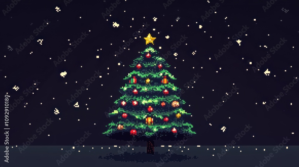 Pixel Art Christmas Tree with Star and Colorful Ornaments in a Beautiful Snowy Night Scene Pixel Art Christmas Tree with Star and Colorful Ornaments in a Beautiful Snowy Night Scene