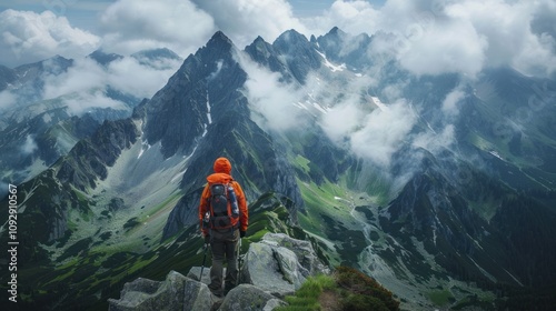 Fototapeta Naklejka Na Ścianę i Meble -  A hiker on top of a snow-covered mountain at sunrise, with a breathtaking view over peaks and valleys below.