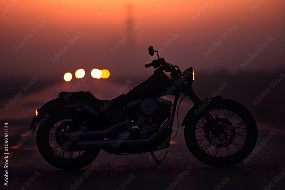 Fototapeta premium Sunset ride on a motorcycle along a quiet road at dusk