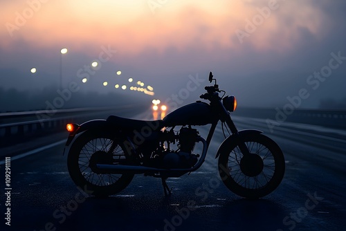 Motorcycle parked on a quiet road during dusk hours