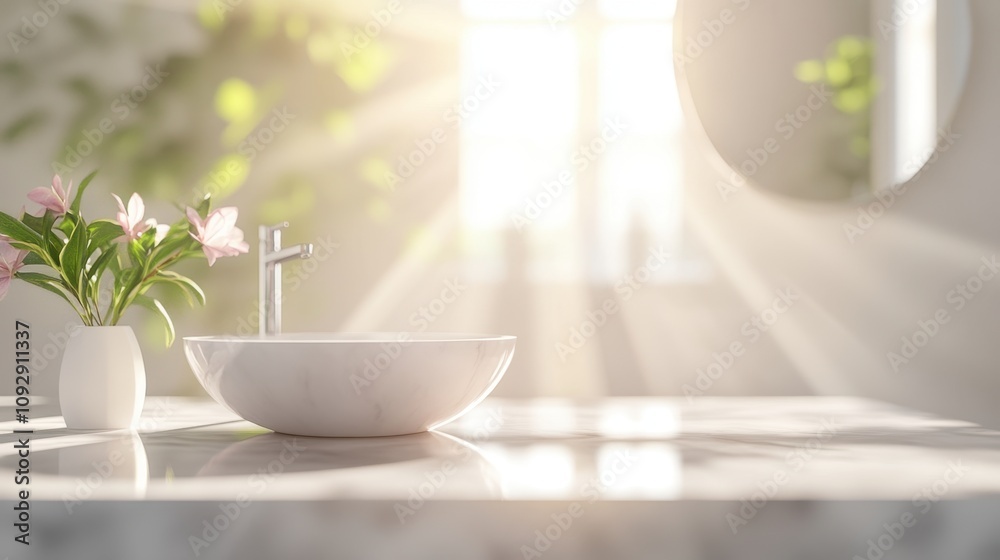 Bright and Serene Bathroom Interior with Natural Light, Floral Arrangement, Modern Sink, and Soft Sunlight Creating a Peaceful Ambiance