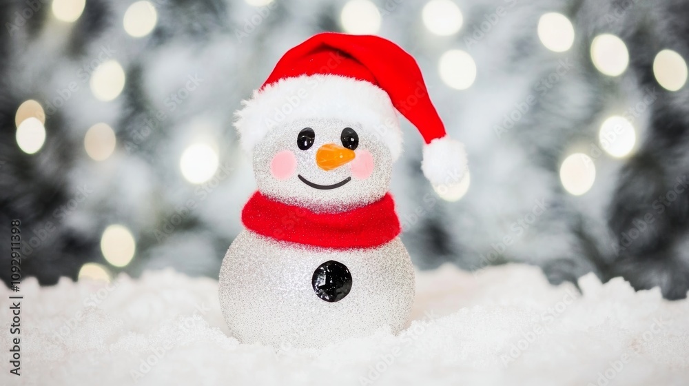 A cheerful snowman, adorned with a classic Santa hat, stands proudly in a winter wonderland, surrounded by glistening snowflakes and a serene snowy landscape.