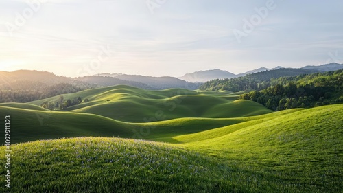 Natural make relaxation soothing and calm breathe. Lush green hills under a bright sky during golden hour.