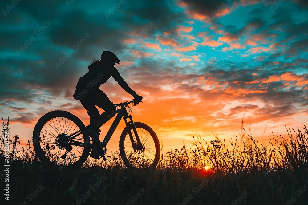 Fototapeta premium Mountain biker rides into sunset with vibrant sky colors
