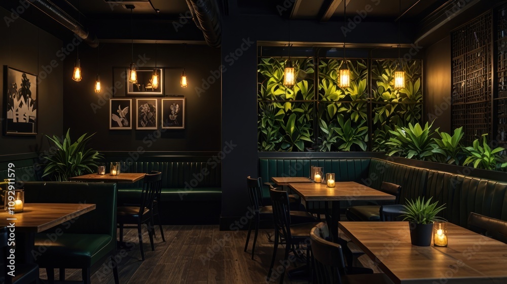 Here's a and keyword list for your stock photo.. Dark, moody restaurant interior with green booths, plants, and warm lighting. Here's a and keyword list for your stock photo.. Dark, moody restaurant interior with green booths, plants, and warm lighting.