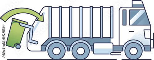 Garbage truck with arm lift mechanism lifting a bin.