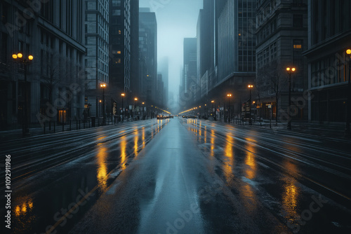 Empty urban street at night with reflections on wet pavement, glowing streetlights, and misty atmospheric background photo