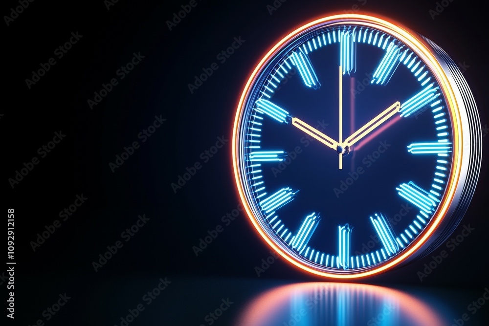Neon-glowing clock with blue and orange lights on a reflective surface Neon-glowing clock with blue and orange lights on a reflective surface