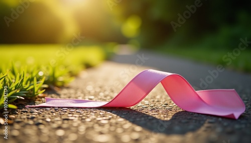 Pink ribbon on serene path signifies hope and support for breast cancer survivors photo