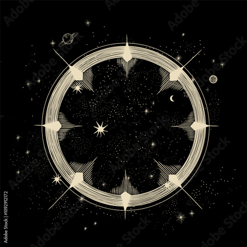 Vector illustration set of moon phases. Different stages of moonlight activity in vintage engraving style. Zodiac Signs	
