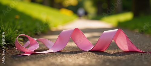 Pink ribbon on serene path signifies hope and support for breast cancer survivors photo