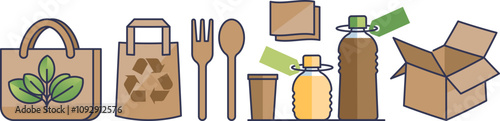 Illustration of biodegradable packaging items like bags, utensils, and bottles symbolizing eco-friendly solutions.