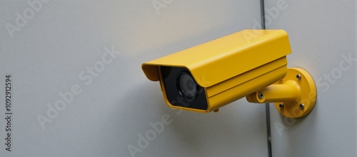 Security camera mounted on a yellow concrete wall photo