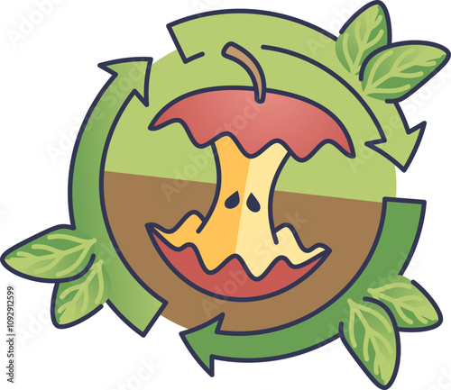 Apple core with recycling arrows and leaves symbolizes biodegradability and eco-friendliness.