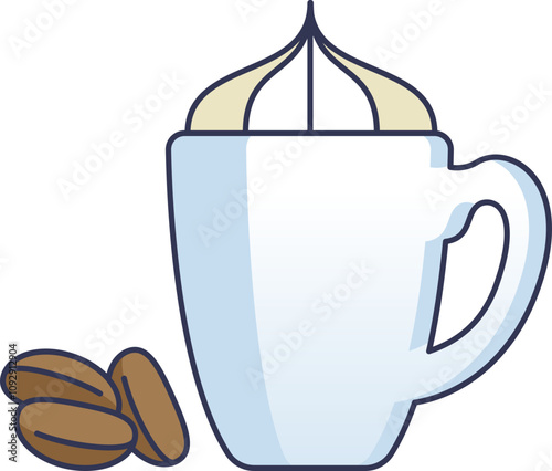 Illustration of a coffee cup with whipped cream and coffee beans, symbolizing energy and indulgence.