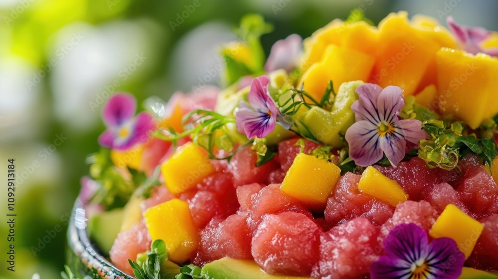 Colorful and Fresh Fruit Salad Bowl with Watermelon, Mango, and Edible Flowers on a Vibrant Green Background, Perfect for Summer Gatherings and Healthy Eating Colorful and Fresh Fruit Salad Bowl with Watermelon, Mango, and Edible Flowers on a Vibrant Green Background, Perfect for Summer Gatherings and Healthy Eating