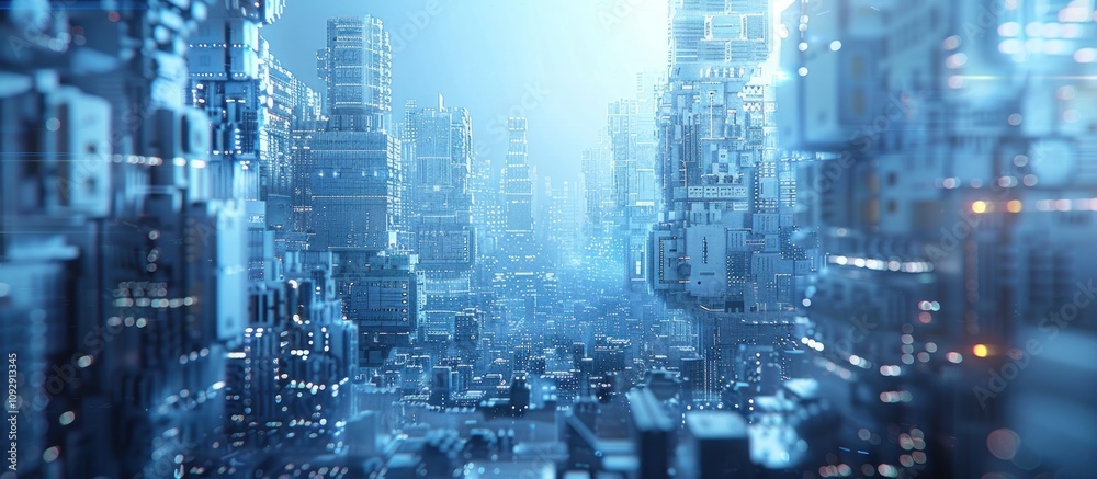 Fototapeta premium Futuristic Cityscape with Glowing Lights and a Blue Hue