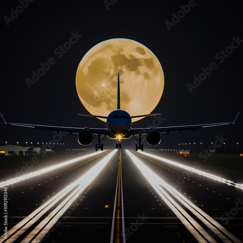 Nightbound Departure. The plane flies over the illuminated runway of the airfield against the backdrop of the moon