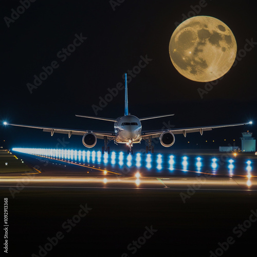 Nocturnal Takeoff. The plane flies over the illuminated runway of the airfield against the backdrop of the moon